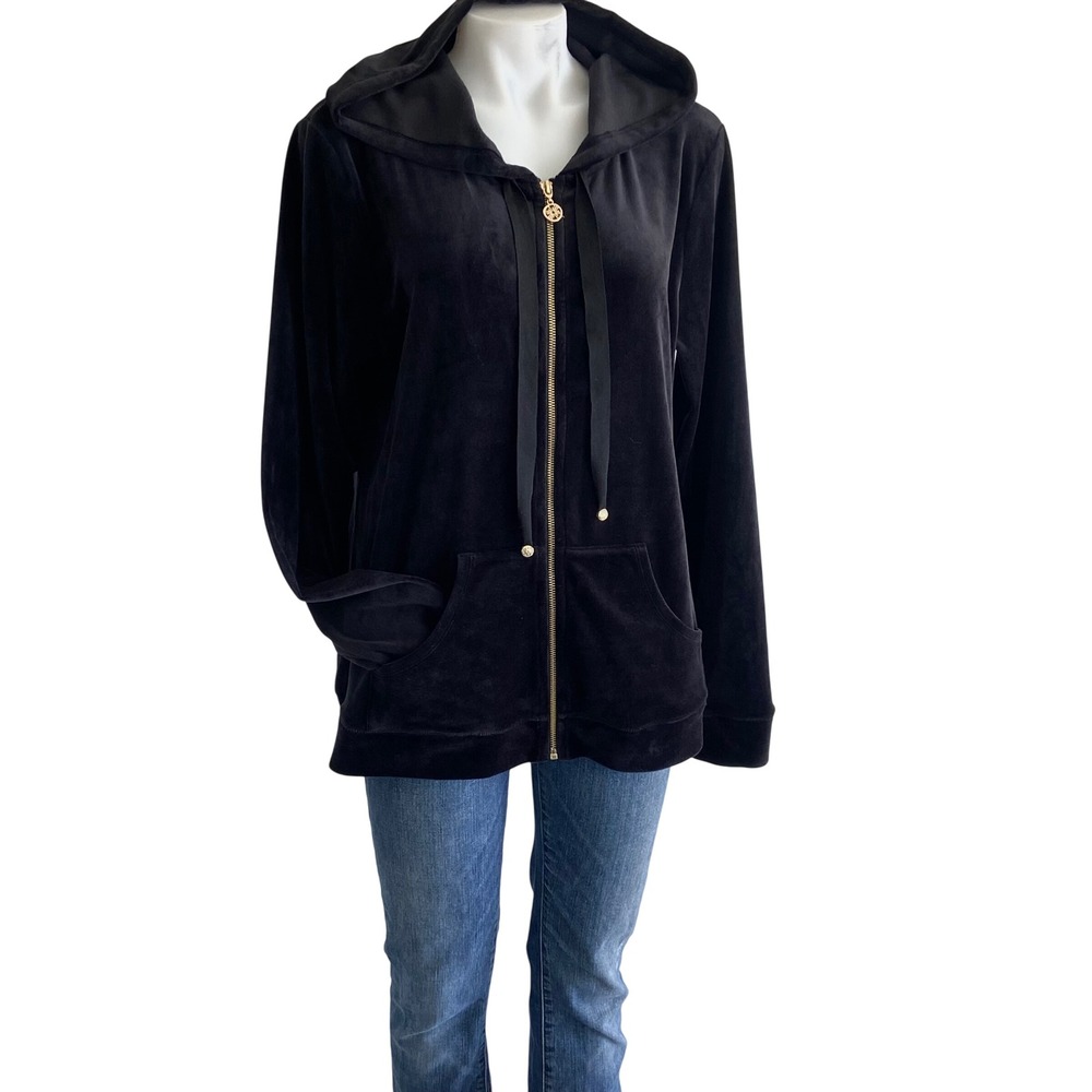 Lilly Pulitzer Black Velour Velvet Zip Up Hoodie Gold Hardware Sweatshirt XL